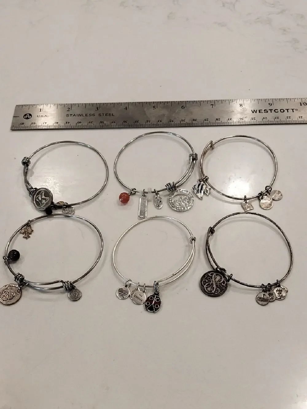 Alex And ANI Mixed Silver-Tone Charm Bangle Bracelet Set - Six Pieces..